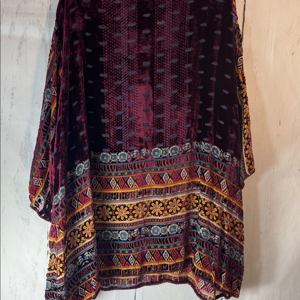 Johnny Was Burgundy Silk/Velvet Sheer and Multicolor Tunic - Picture 8 of 9